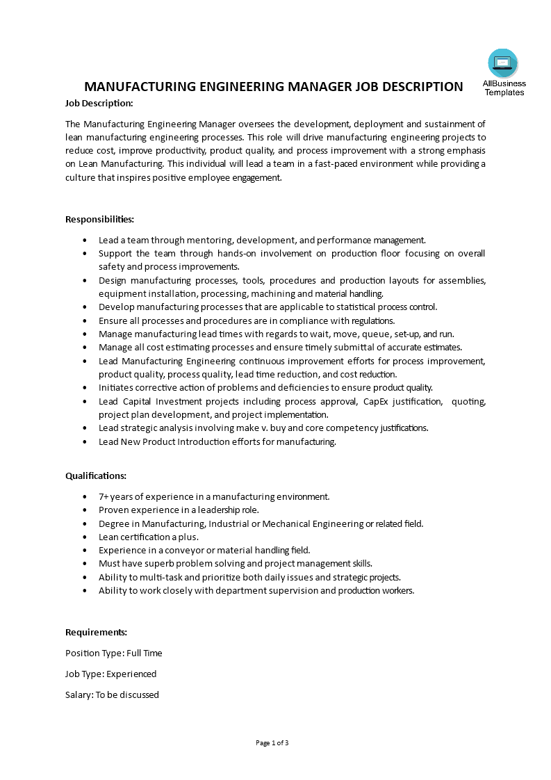 Manufacturing Engineering Manager Job Description 模板