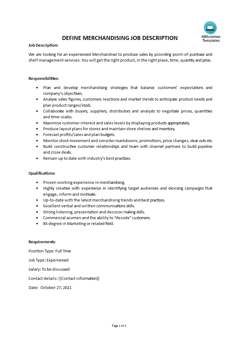 define merchandising job description template