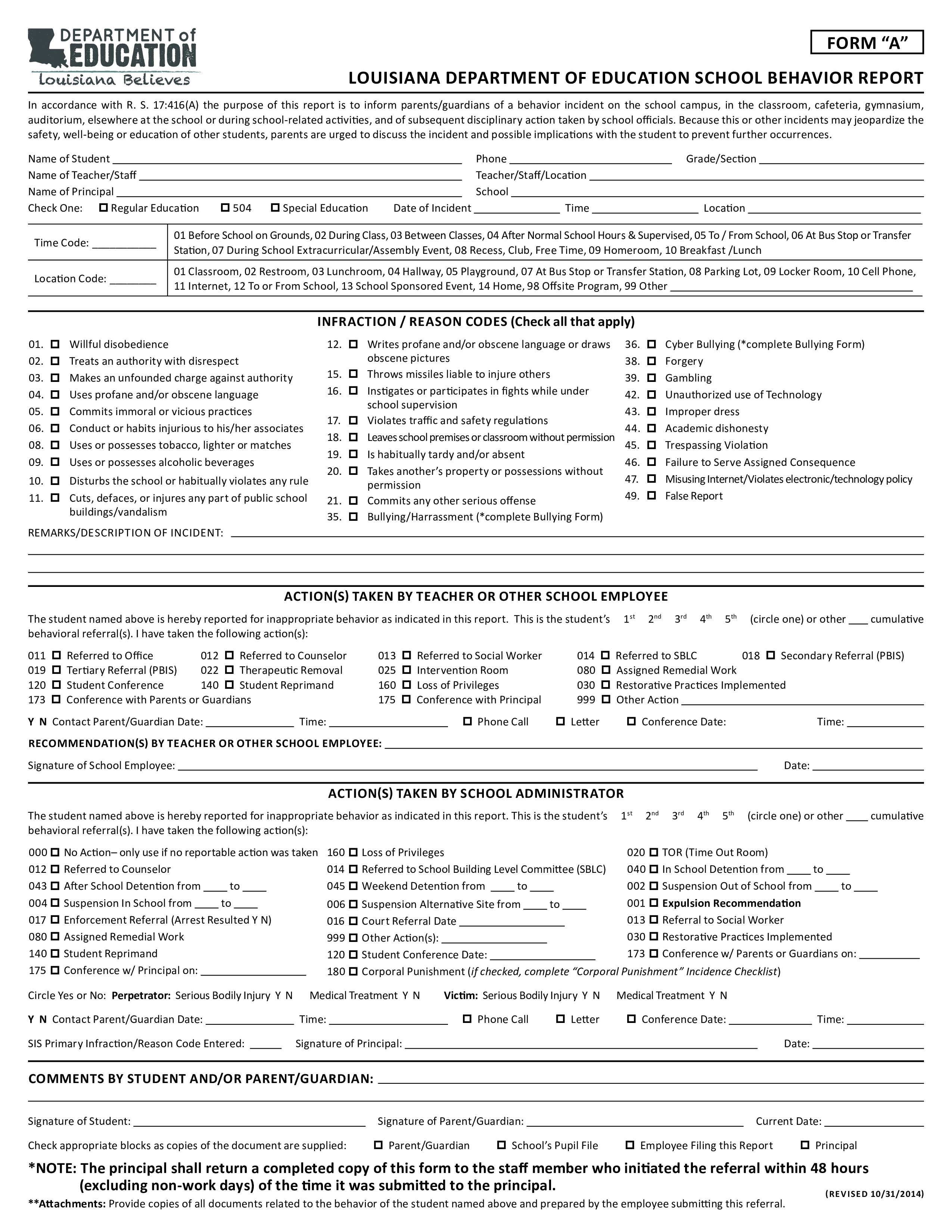 School Behavior Incident Report 模板