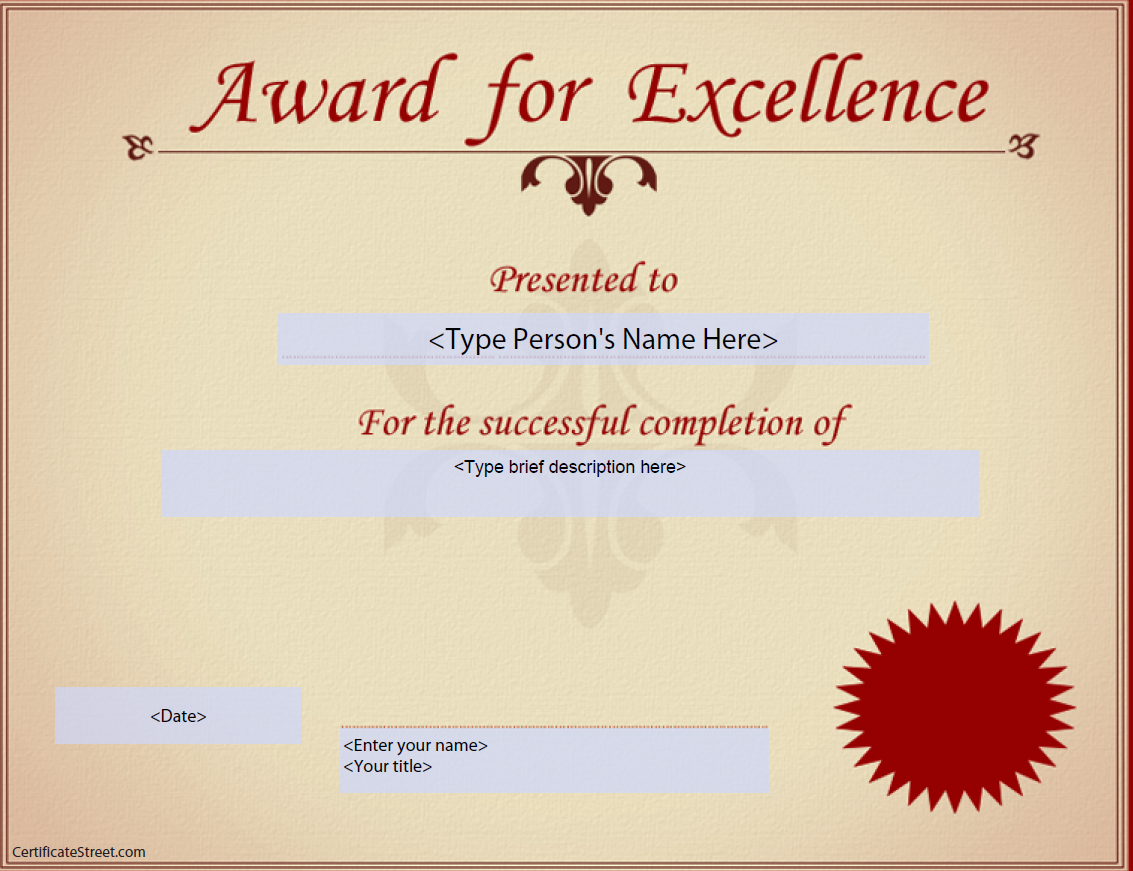 Kostenloses Award for Excellence Certificate Throughout Sample Award Certificates Templates