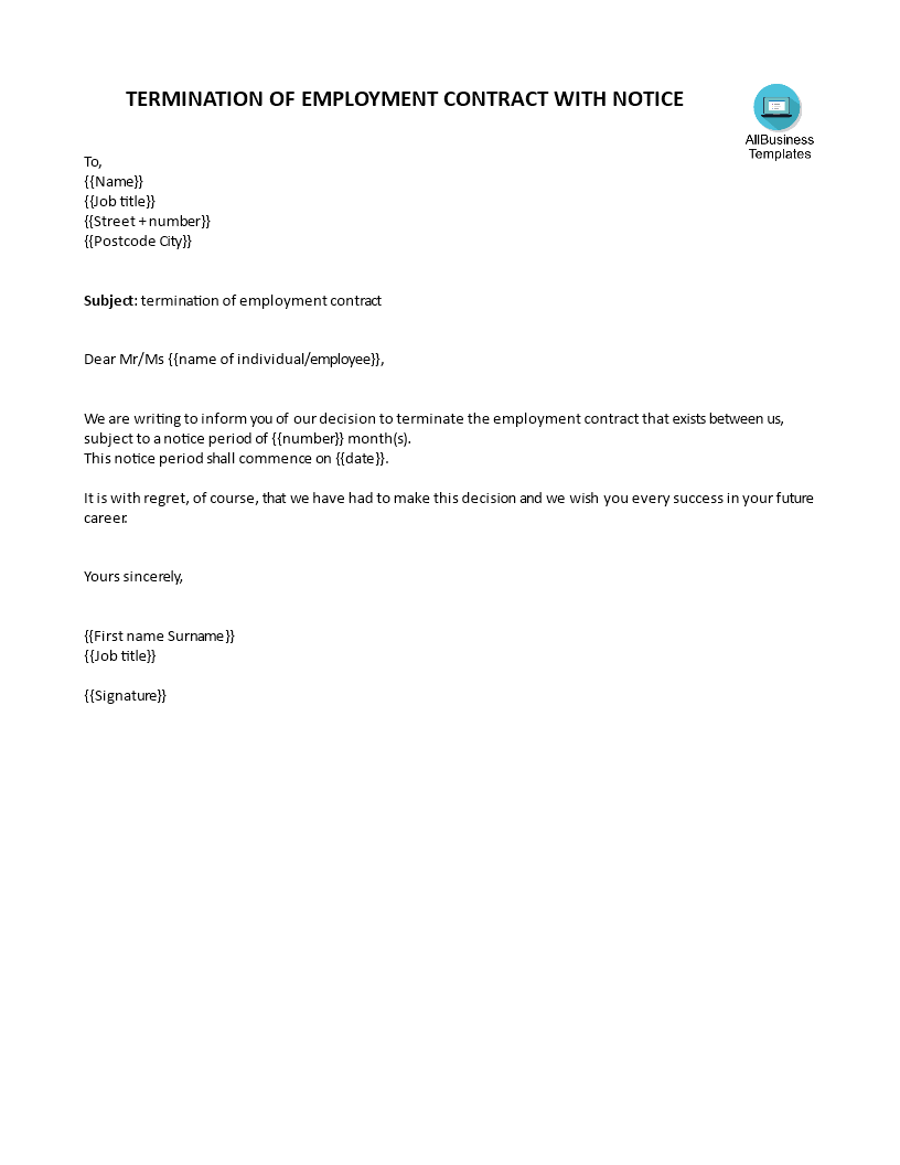 employment contract termination letter with notice modèles