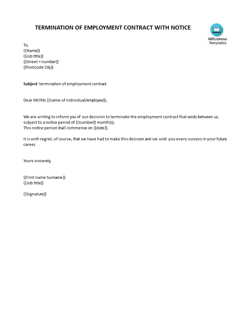 employment contract termination letter with notice template