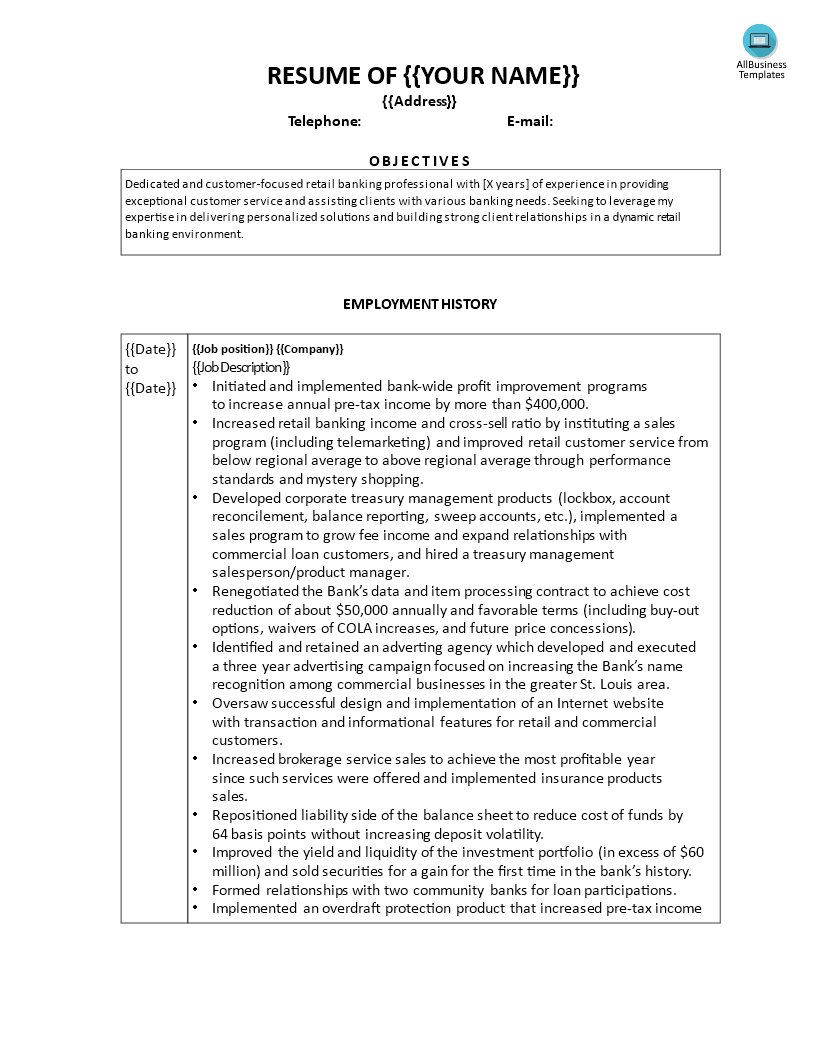 retail banking customer service resume template voorbeeld afbeelding 