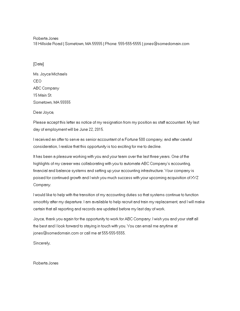 standard job resignation letter template