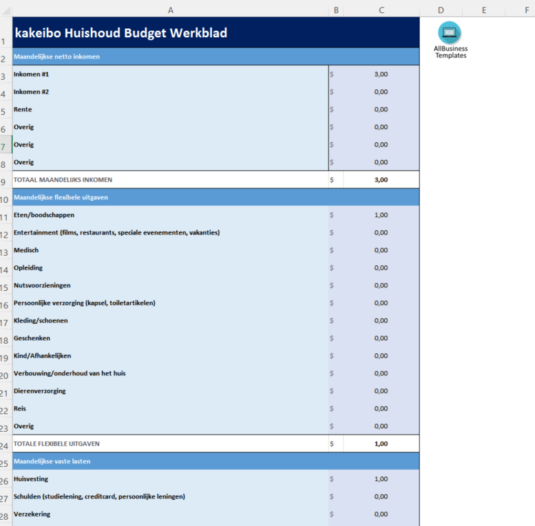 huishoudboekje budget werkblad template