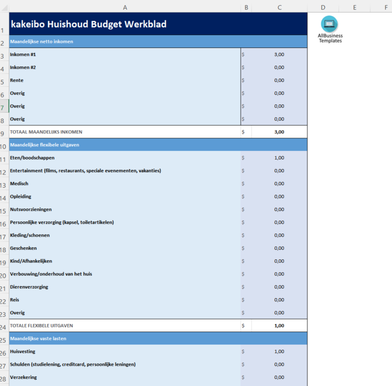 huishoudboekje budget werkblad modèles