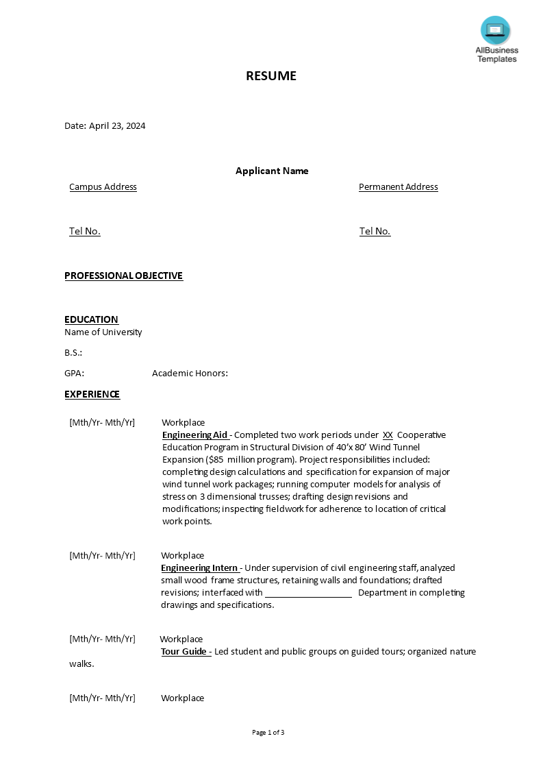 junior civil engineer chronological format resume template