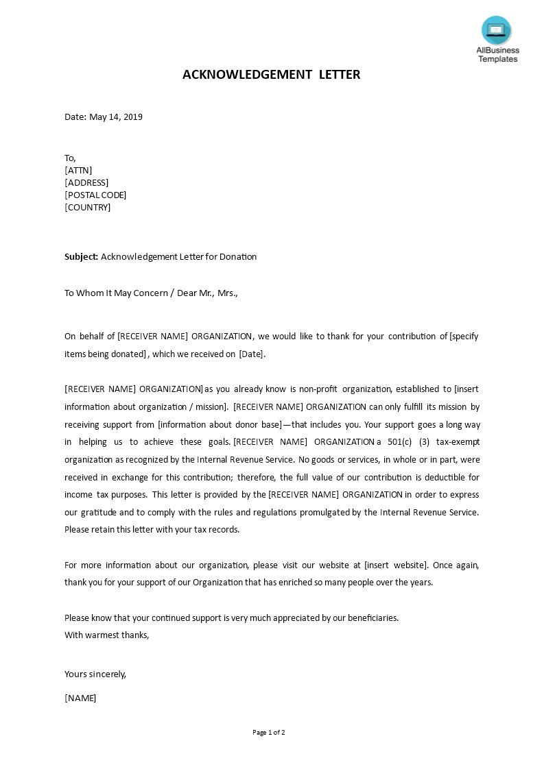 sample acknowledgement letter for donation Hauptschablonenbild