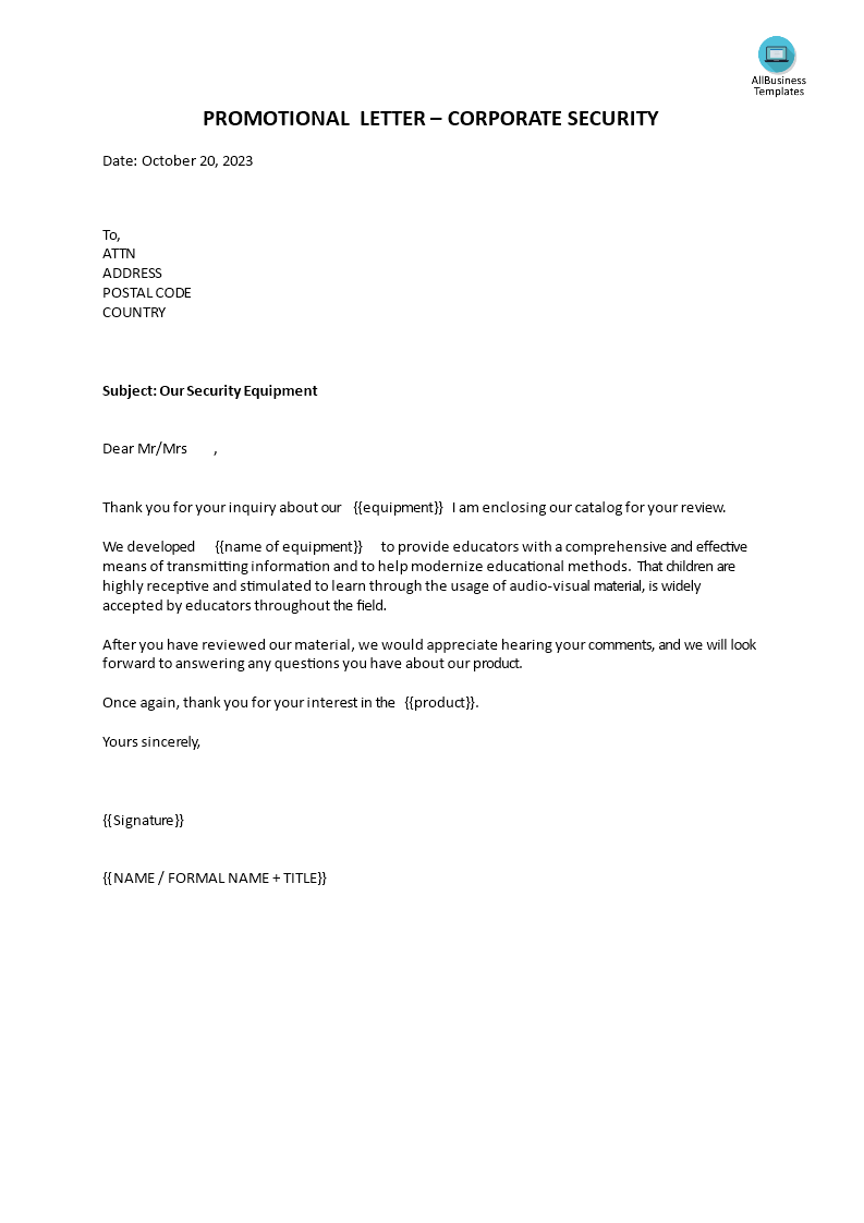 Promotional letter for Corporate security services main image