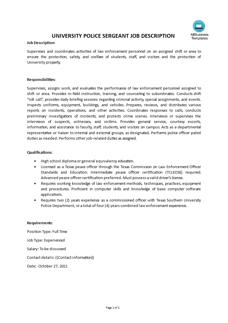 university police sergeant job description template