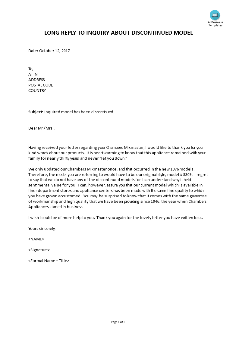 long reply to inquiry about discontinued model voorbeeld afbeelding 