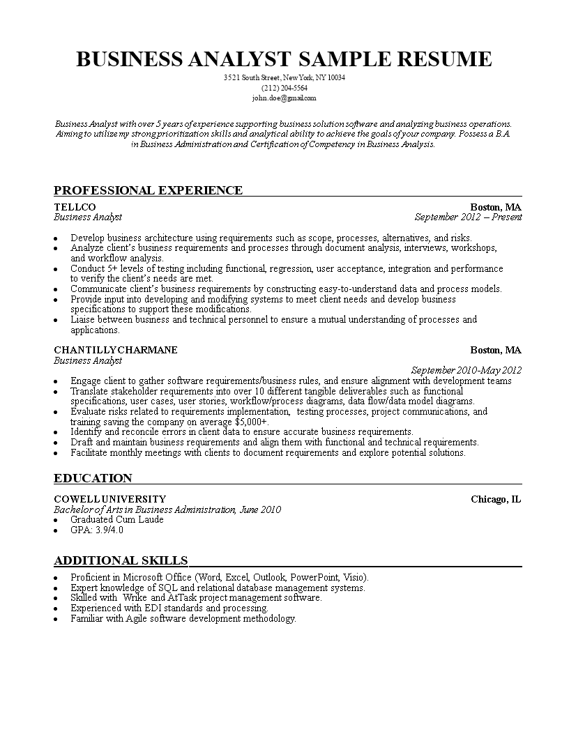 business analyst cv sample modèles