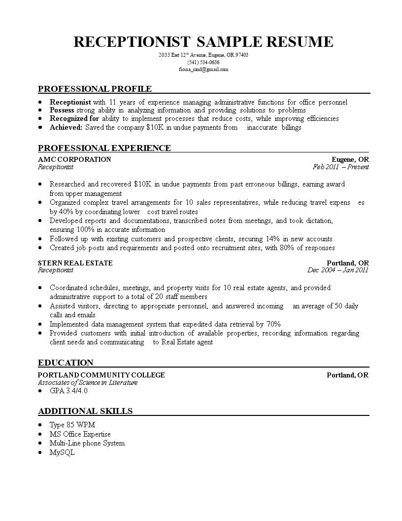 free resume templates for receptionist position