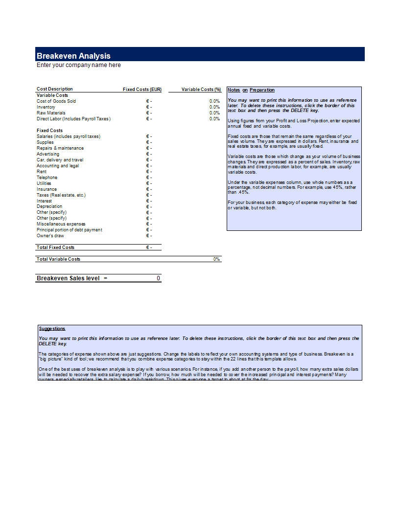 breakeven analysis in excel template