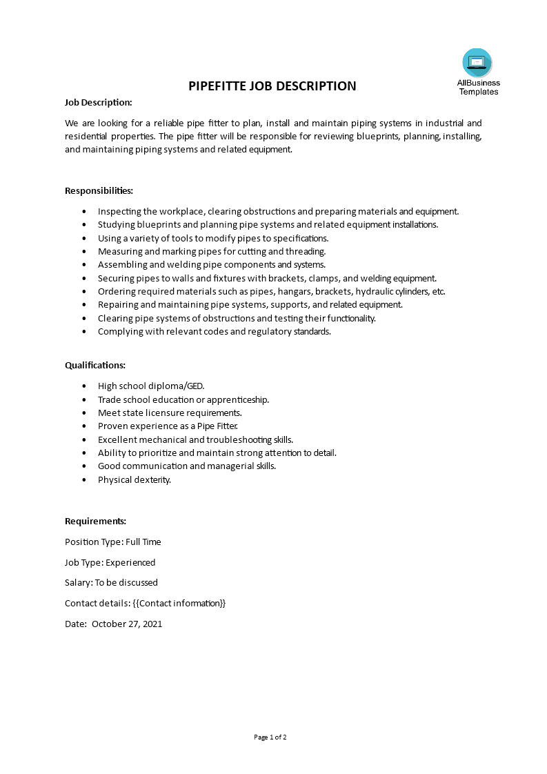 pipefitter job description template