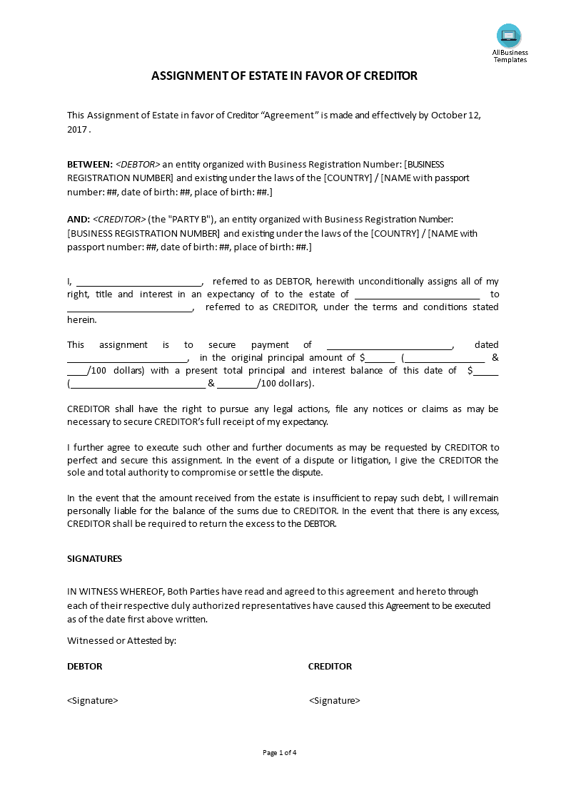 assignment of estate in favor of creditor modèles