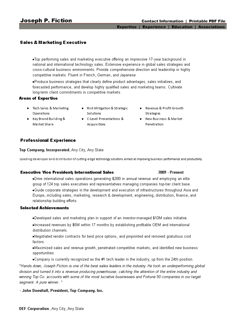 marketing & sales executive resume modèles