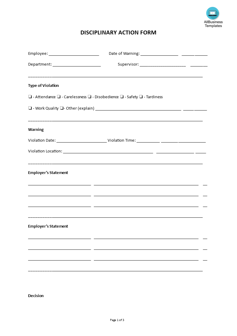 disciplinary action form template