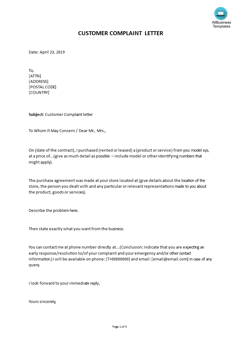 customer complaint letter sample template