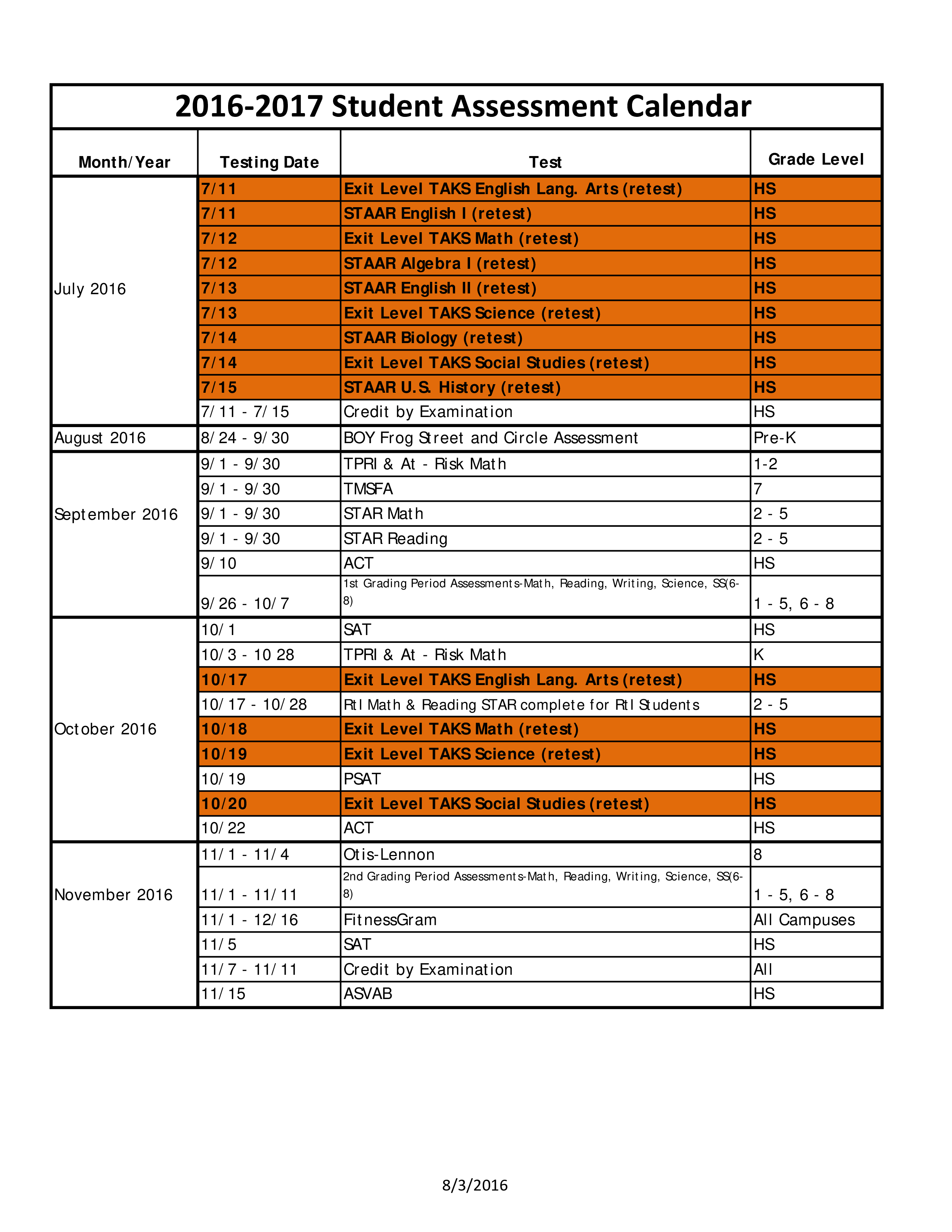 student assessment calendar voorbeeld afbeelding 