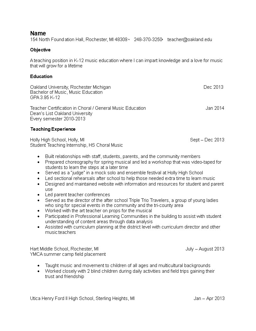 Music Teacher Resume Sample 模板