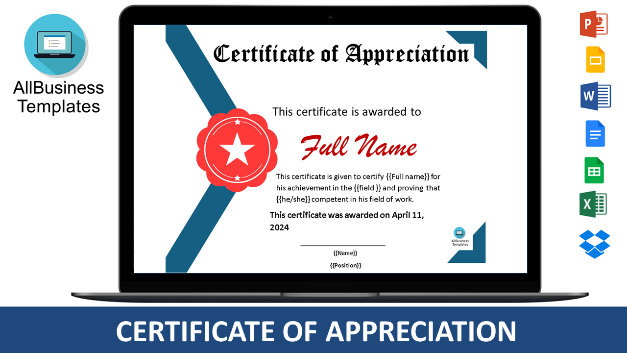 Free Editable Certificate of Appreciation template 模板