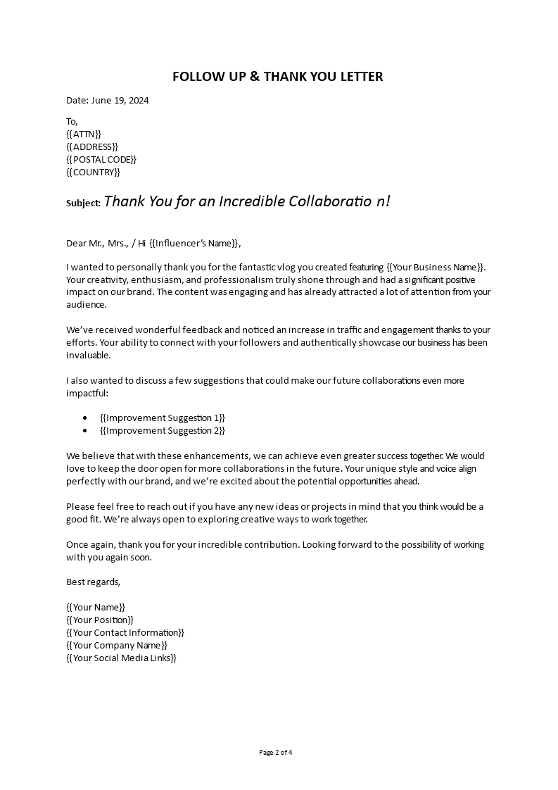 thank you follow up letter to influencer Hauptschablonenbild