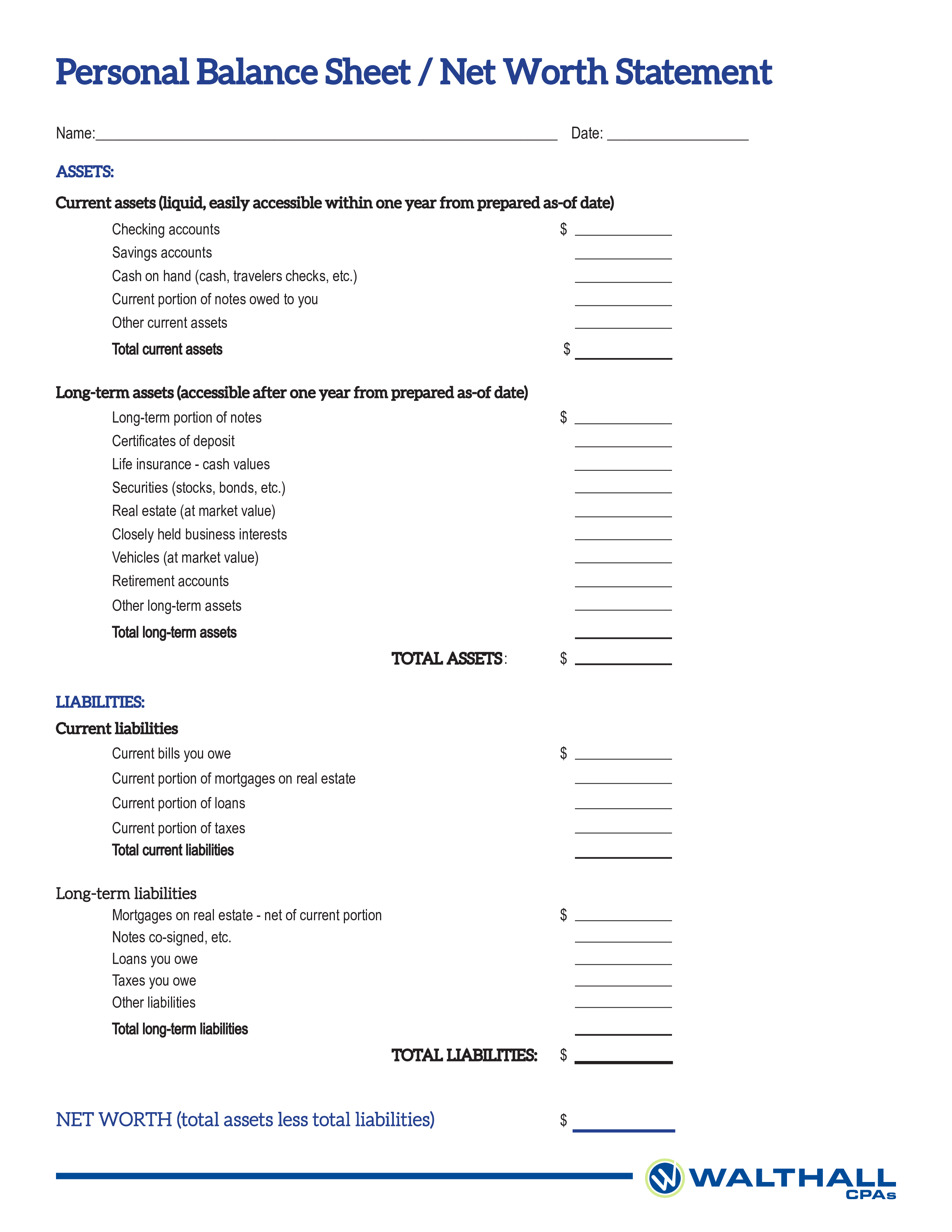 personal net worth balance sheet template