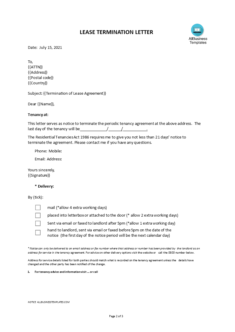 Kostenloses Notice Of Lease Termination Letter From Landlord To