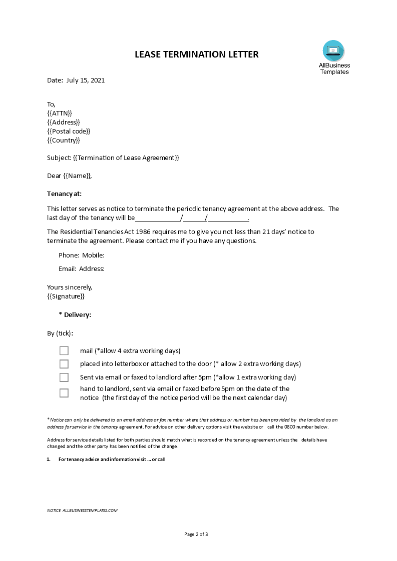 notice of lease termination letter from landlord to tenant voorbeeld afbeelding 