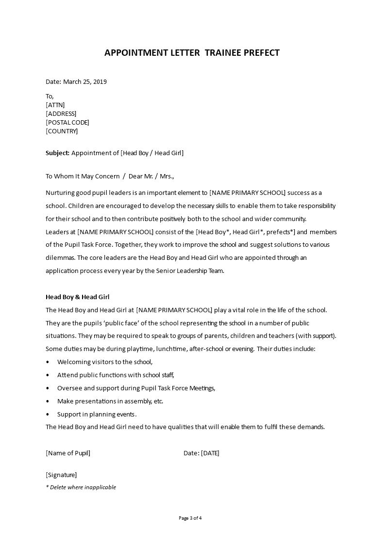 school trainee prefect appointment letter template