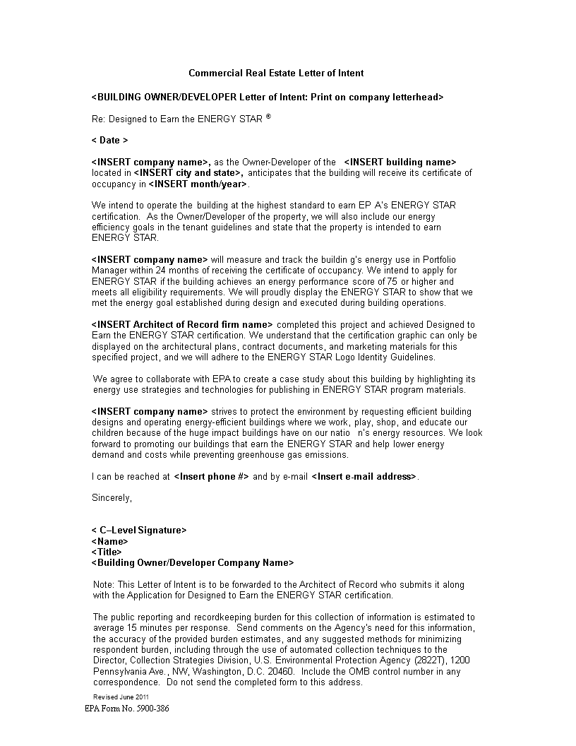 commercial real estate letter of intent template