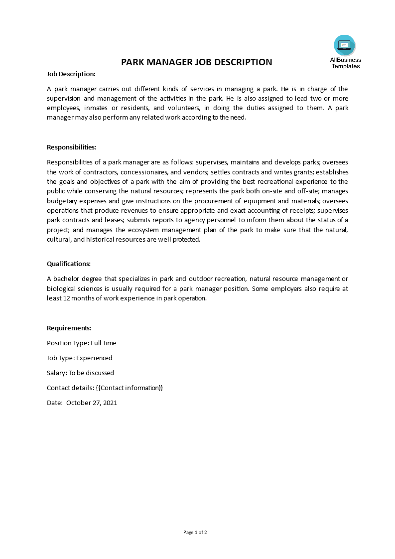 park manager job description template