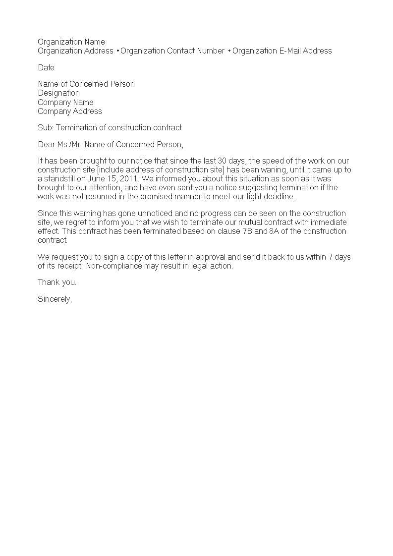 construction contract termination letter template