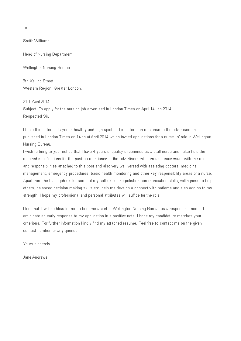 nurse application letter template