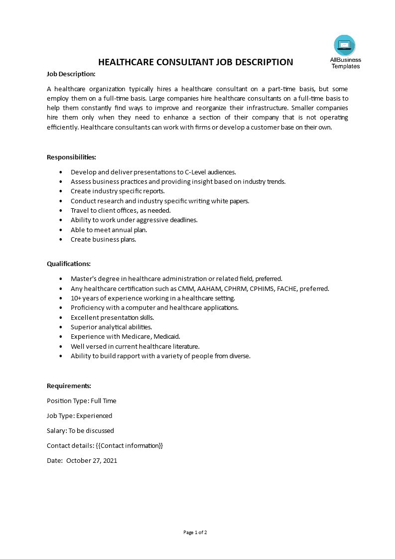 healthcare consultant job description plantilla imagen principal