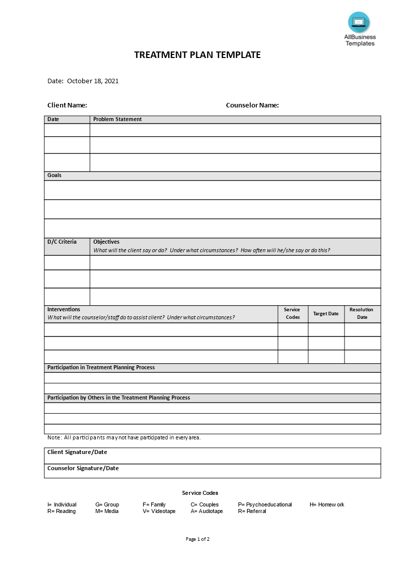 treatment plan template Hauptschablonenbild