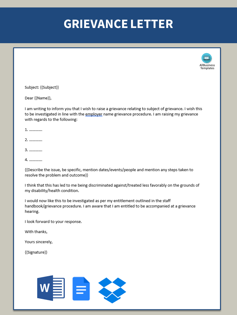 grievance letter for employee template