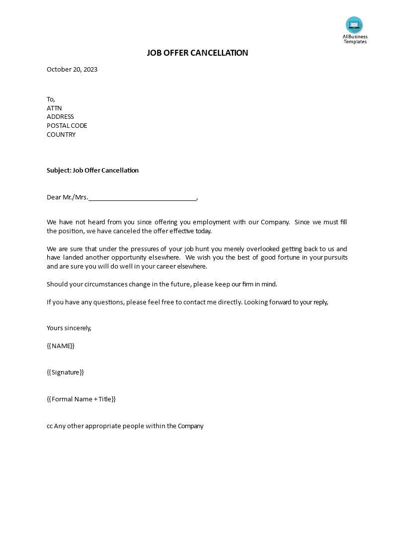 job offer cancellation letter template