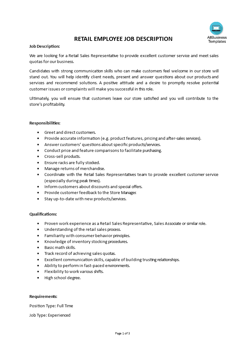 retail employee job description template