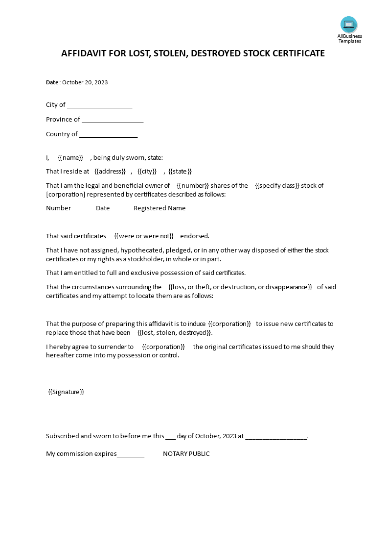 Affidavit For Lost or Stolen or Destroyed Stock Certificate main image