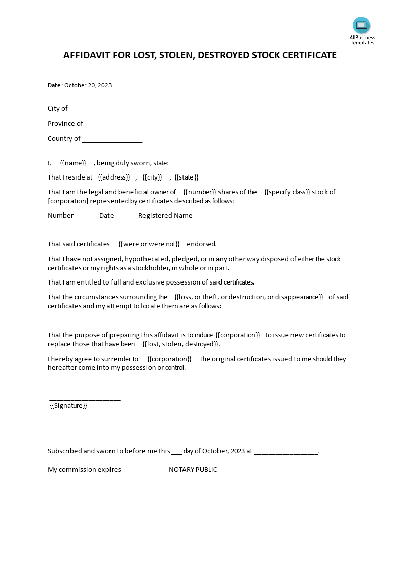 affidavit for lost or stolen or destroyed stock certificate modèles