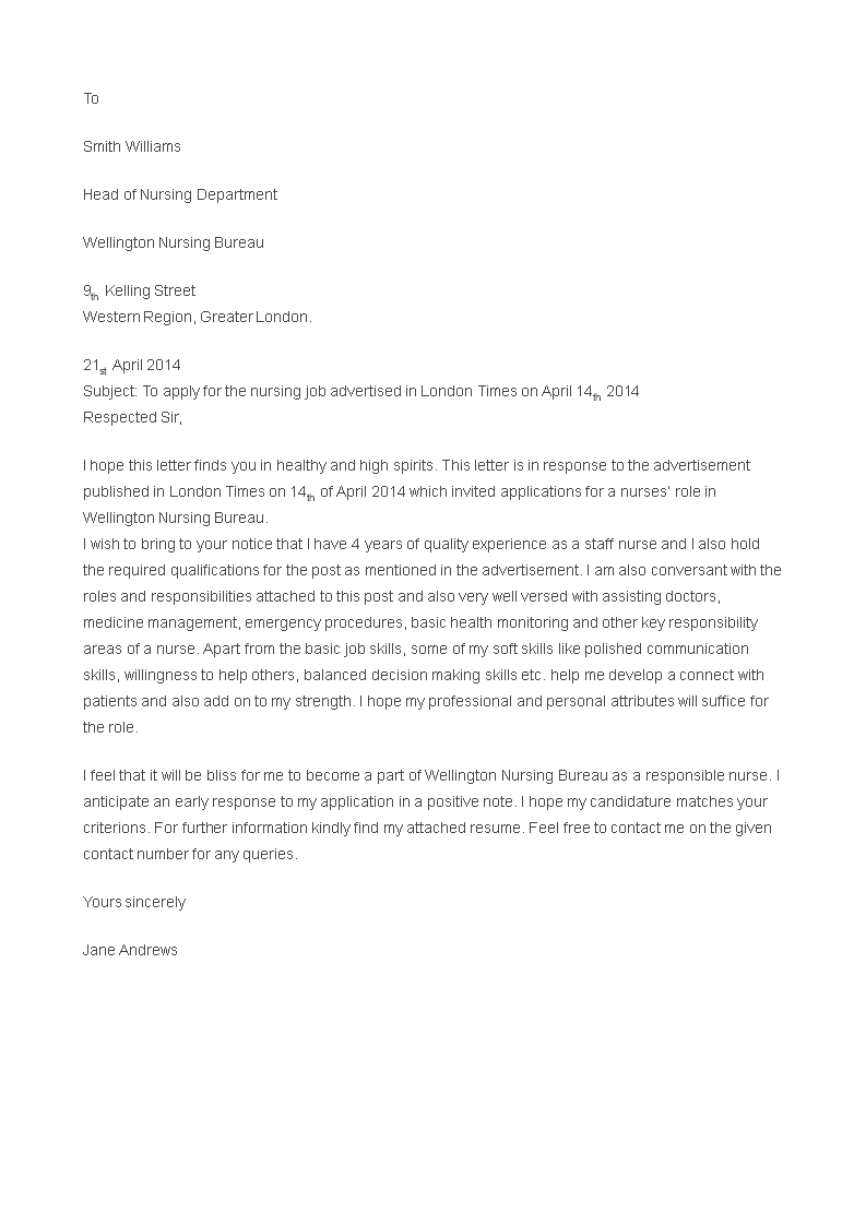 job application letter for staff nurse template