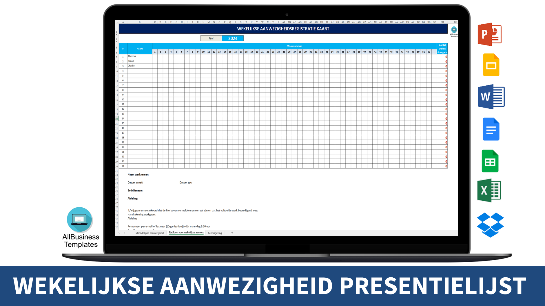 wekelijkse aanwezigheids registratieformulier template