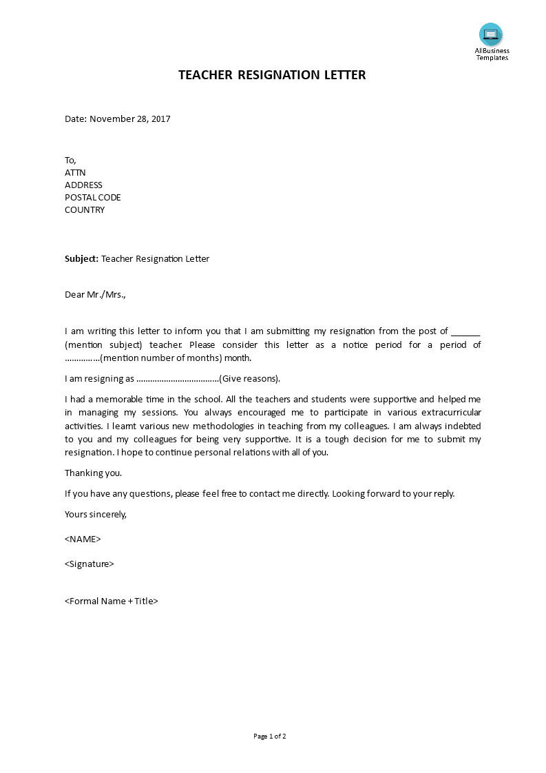 teacher resignation letter with notice period voorbeeld afbeelding 