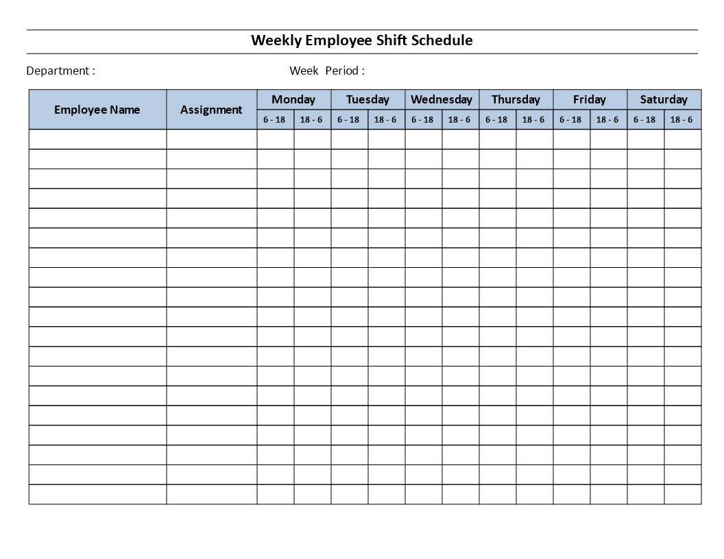 Weekly employee 12 hour shift schedule Mon to Sat main image