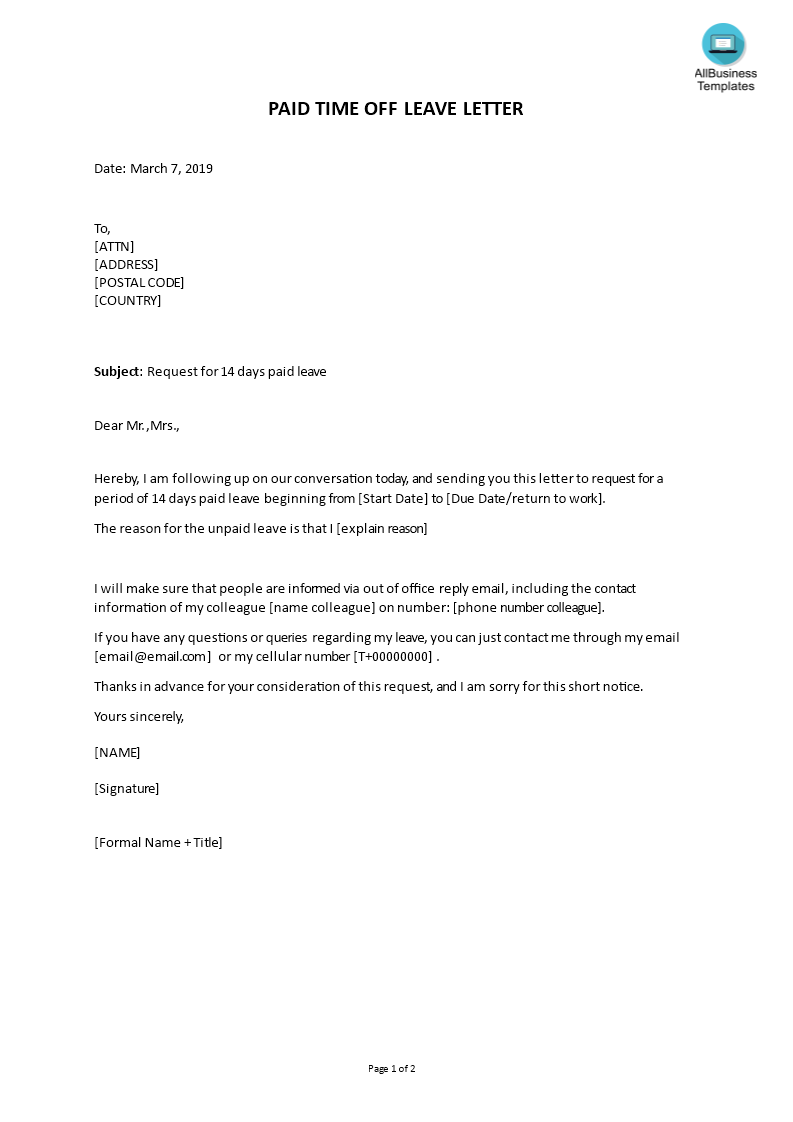 Paid Time Off Leave Letter template main image