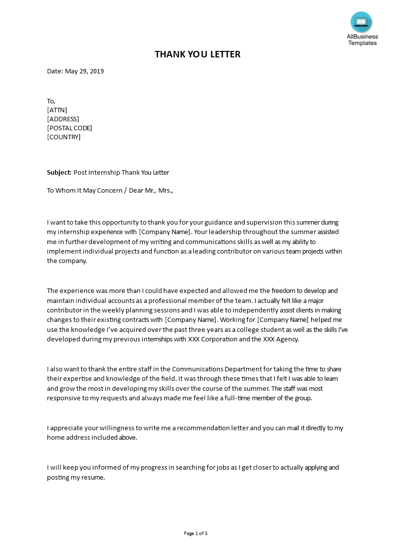 Editable Post Internship Thank You Letter | Templates at ...