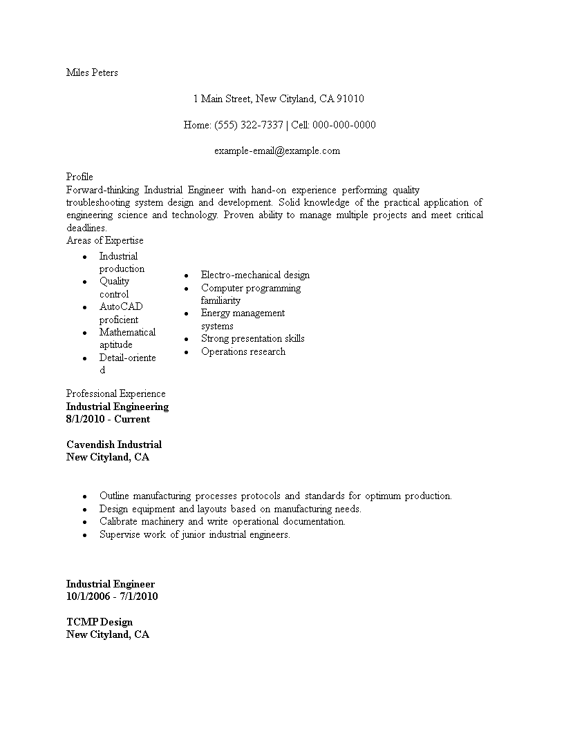 Kostenloses Industrial Engineering Resume example