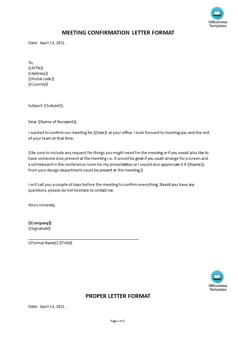 meeting appointment confirmation letter template